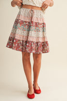 patchwork mini skirt, tiered mini skirt, floral mini skirt, boho mini skirt, elastic waist skirt, drawstring skirt, casual skirt, boutique skirt, everyday mini skirt, flowy mini skirt, women’s mini skirt, summer skirt, boho boutique skirt