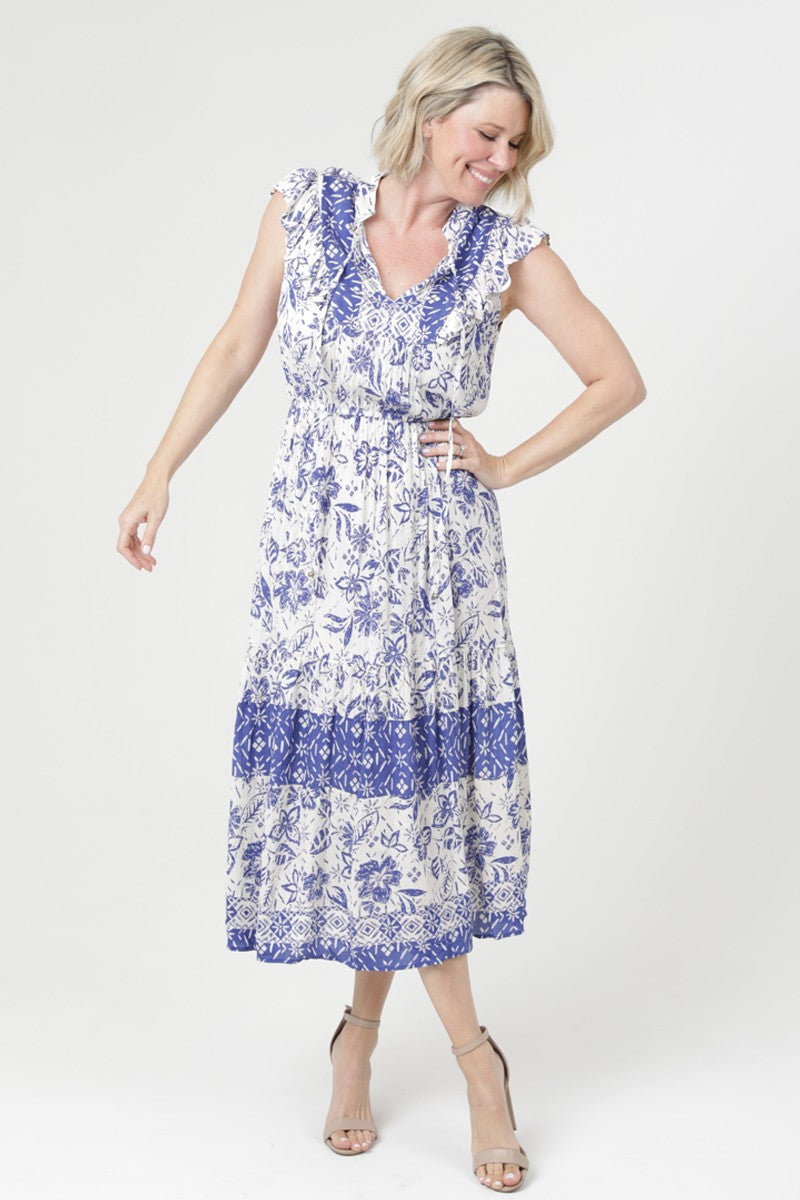 Printed midi dress with ruffle sleeves, a drawstring waist, and a flowy skirt.
