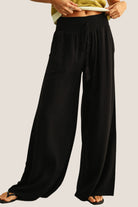 wide leg pants, smocked waist pants, drawstring pants, relaxed fit pants, lounge pants, travel pants, comfortable pants, boutique pants, everyday pants, flowy pants, casual pants, elastic waist pants, women’s wide leg pants