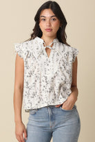 floral ruffle top, tie neck blouse, floral blouse, ruffle sleeve top, casual floral top, feminine blouse, everyday floral top, lightweight blouse