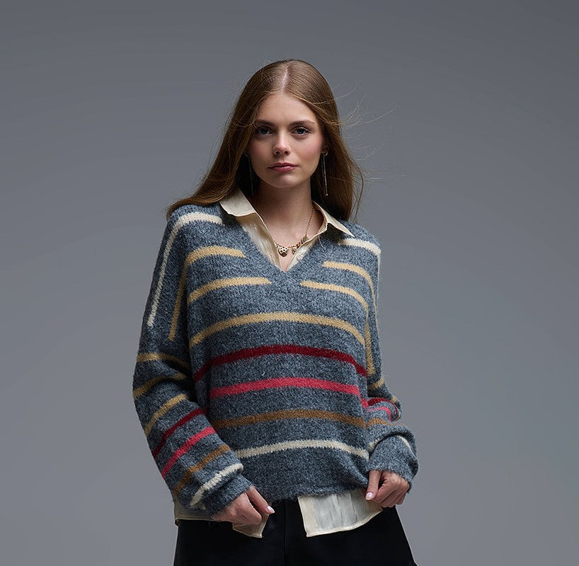 women’s striped sweater, relaxed fit knit sweater, women’s pullover sweater, casual knit sweater women, lightweight sweater women, everyday layering sweater, women’s textured knit, boutique women’s sweater, transitional season sweater, classic striped sweater women