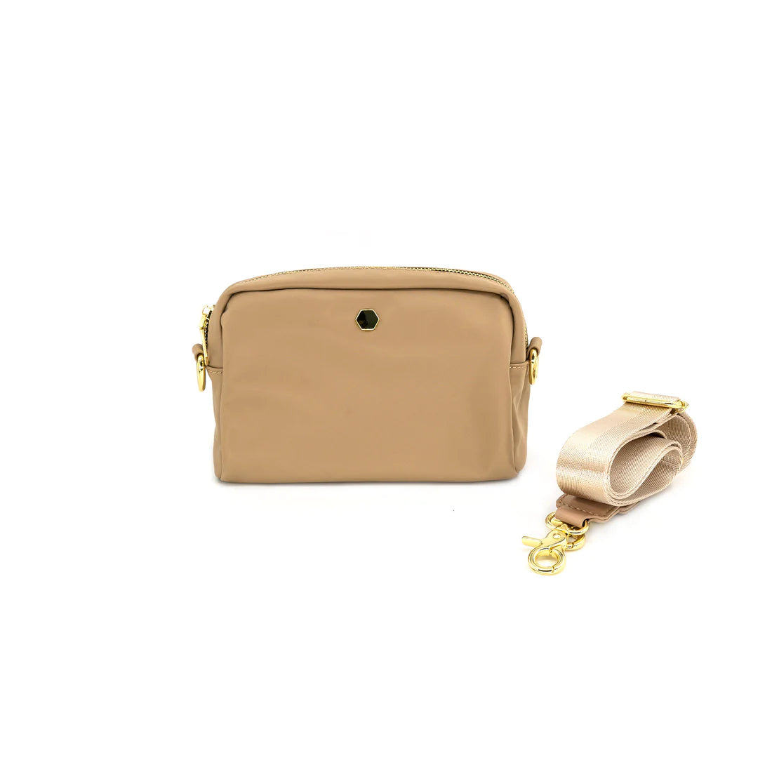 Nylon Belt Bag Khaki. This nylon belt bag is the perfect everyday accessory for when you're on the go, featuring a removable strap and zip top closure.
