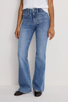  high rise flare jeans, women’s flare denim, patch pocket jeans, vintage inspired jeans, flattering flare jeans, boutique denim, everyday denim