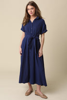 button front midi dress, belted midi dress, shirt midi dress, casual midi dress, everyday midi dress, tie waist dress, classic shirt dress, relaxed midi dress