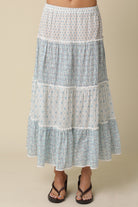 women's tiered maxi skirt, women's flowy maxi skirt, boho maxi skirt women, women's summer maxi skirt, tiered boho skirt, women's printed maxi skirt, elastic waist maxi skirt, women's casual maxi skirt, boutique maxi skirt, women's vacation skirt, women's flowy skirt, feminine tiered skirt, women's warm weather skirt, everyday maxi skirt women
