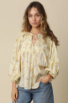 women’s floral blouse, floral print blouse, boho floral blouse, smocked blouse, peasant blouse, tie neck blouse, flowy blouse, romantic blouse, lightweight blouse, long sleeve floral top, women’s boho blouse, feminine blouse, casual chic blouse, everyday blouse, boutique floral top