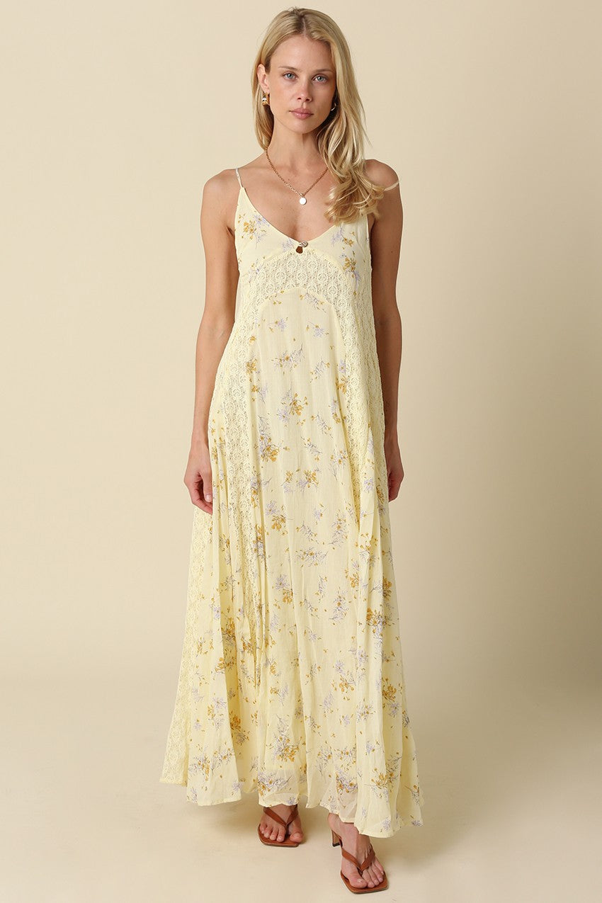 Floral lace panel maxi dress with thin straps and flowy silhouette