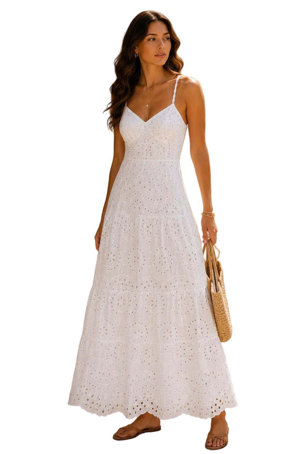 Model wearing an eyelet maxi dress with a fitted bodice, adjustable spaghetti straps, and a tiered skirt