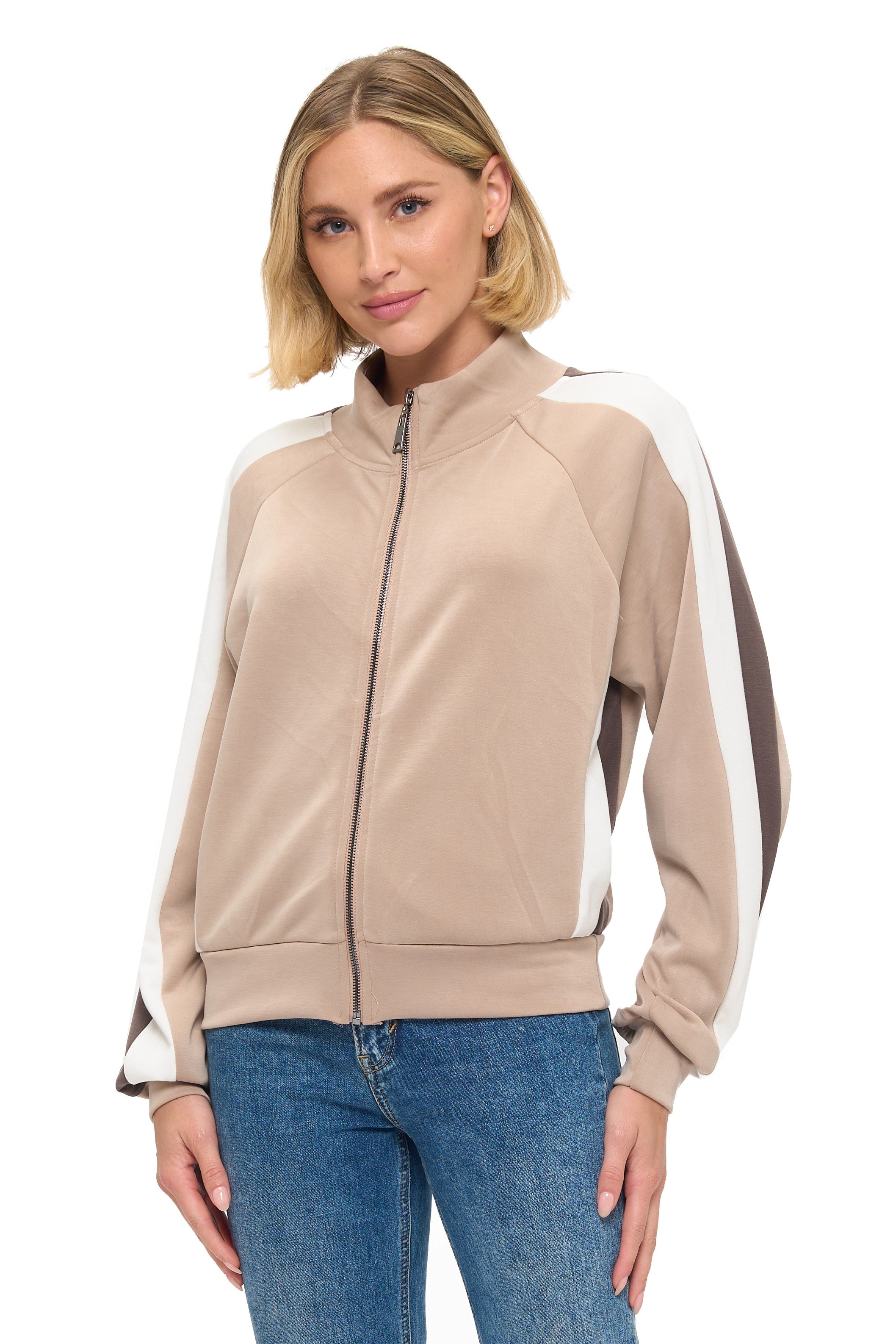 Women’s zip-up track jacket with a mock neckline, contrast sleeve stripes, and banded trim.