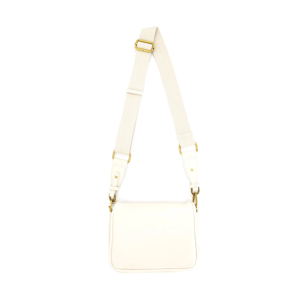Flap Close Crossbody White. This crossbody bag features a flap closure, the strap can be adjusted to your desired length for the perfect look, a great everyday bag.