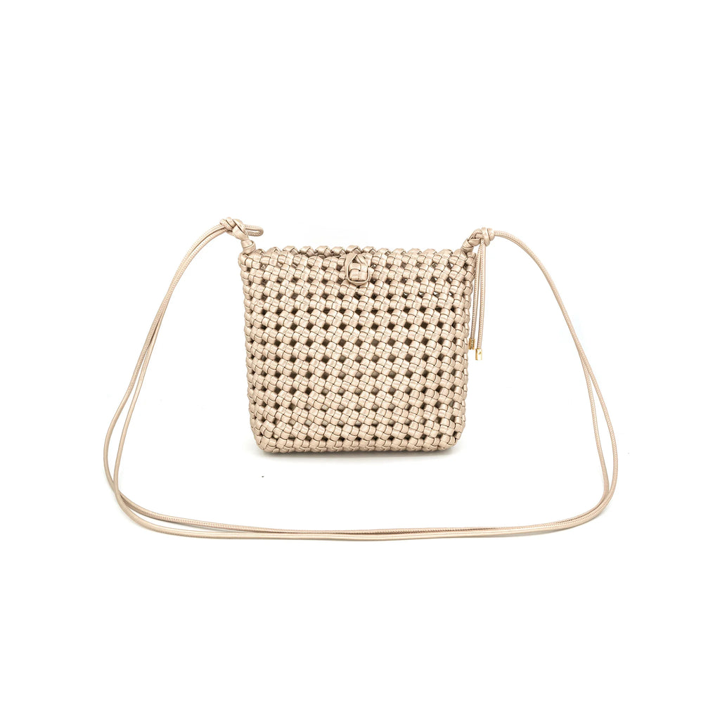 Square Woven Bag Gold. This woven bag features a square design and comes with a small removable pouch for extra storage, the perfect accessory to spice up any outfit.