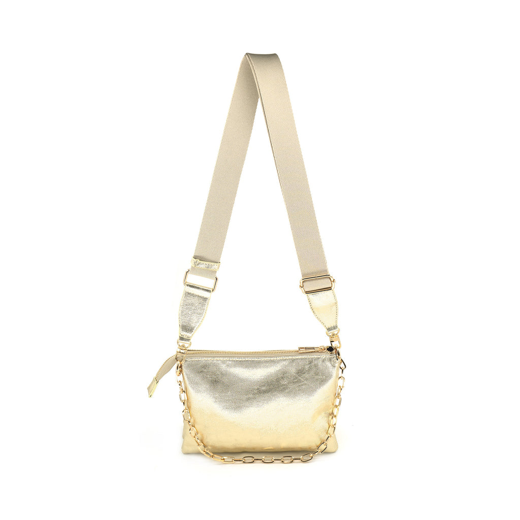 Zip Top Crossbody Gold. This crossbody bag features a zip close top and two strap options that can be worn together or separate for 3 different unique looks.