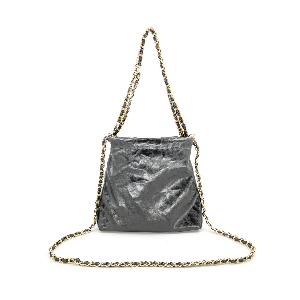 Crinkle Tote Bag Silver. This tote bag features a crinkle design with a chain strap and snap closure, the perfect cool update to your carry all everyday bag.
