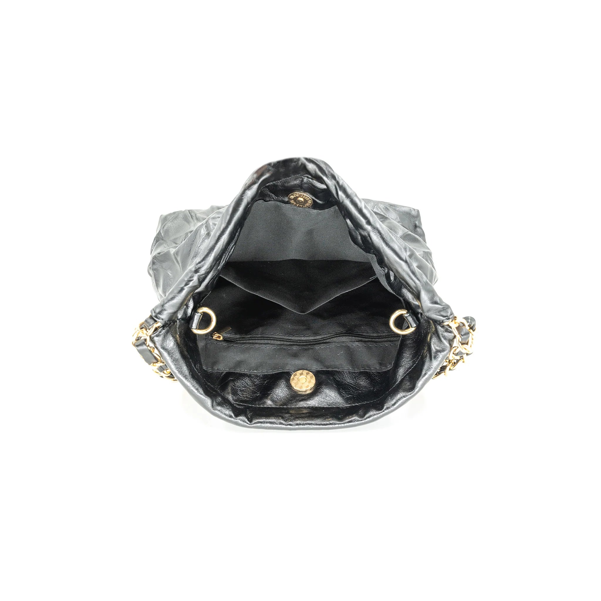 Crinkle Tote Bag Silver. This tote bag features a crinkle design with a chain strap and snap closure, the perfect cool update to your carry all everyday bag.