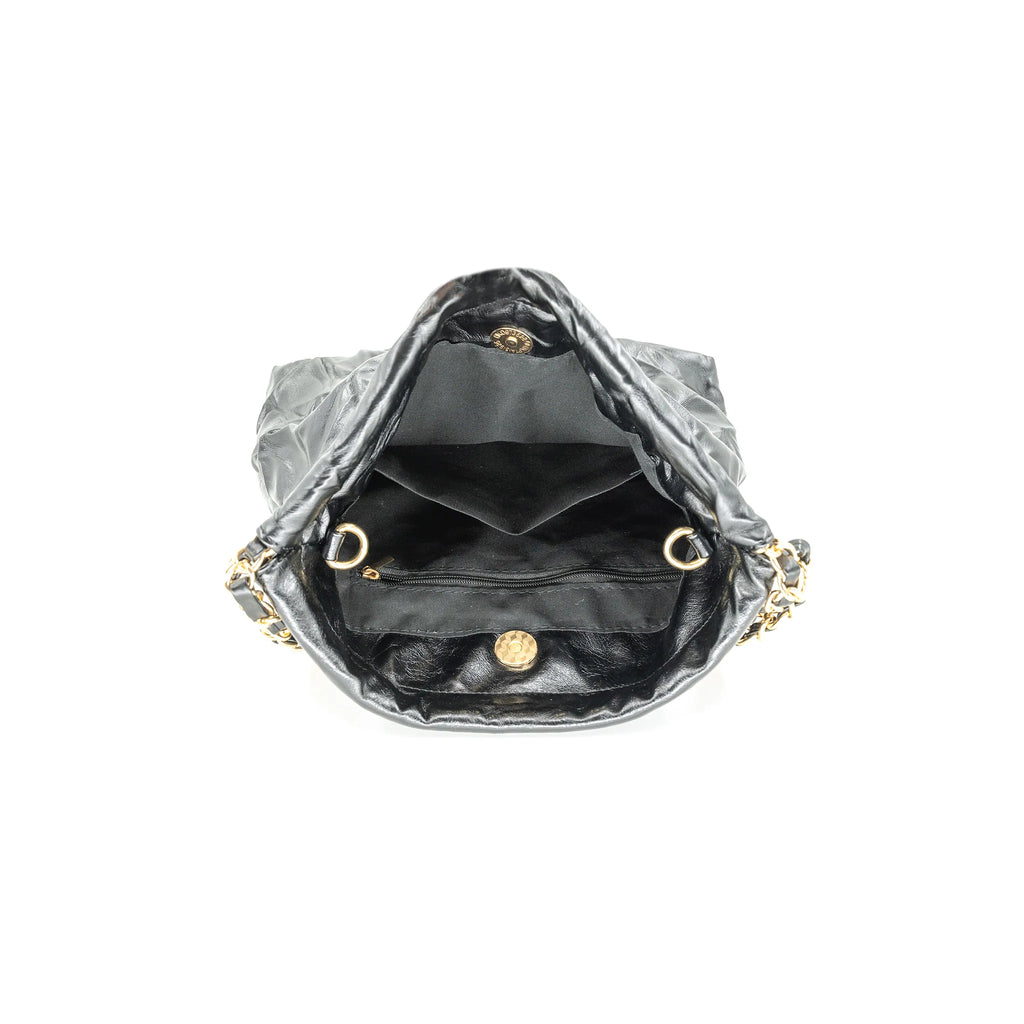 Crinkle Tote Bag Silver. This tote bag features a crinkle design with a chain strap and snap closure, the perfect cool update to your carry all everyday bag.