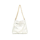 Crinkle Tote Bag White. This tote bag features a crinkle design with a chain strap and snap closure, the perfect cool update to your carry all everyday bag.