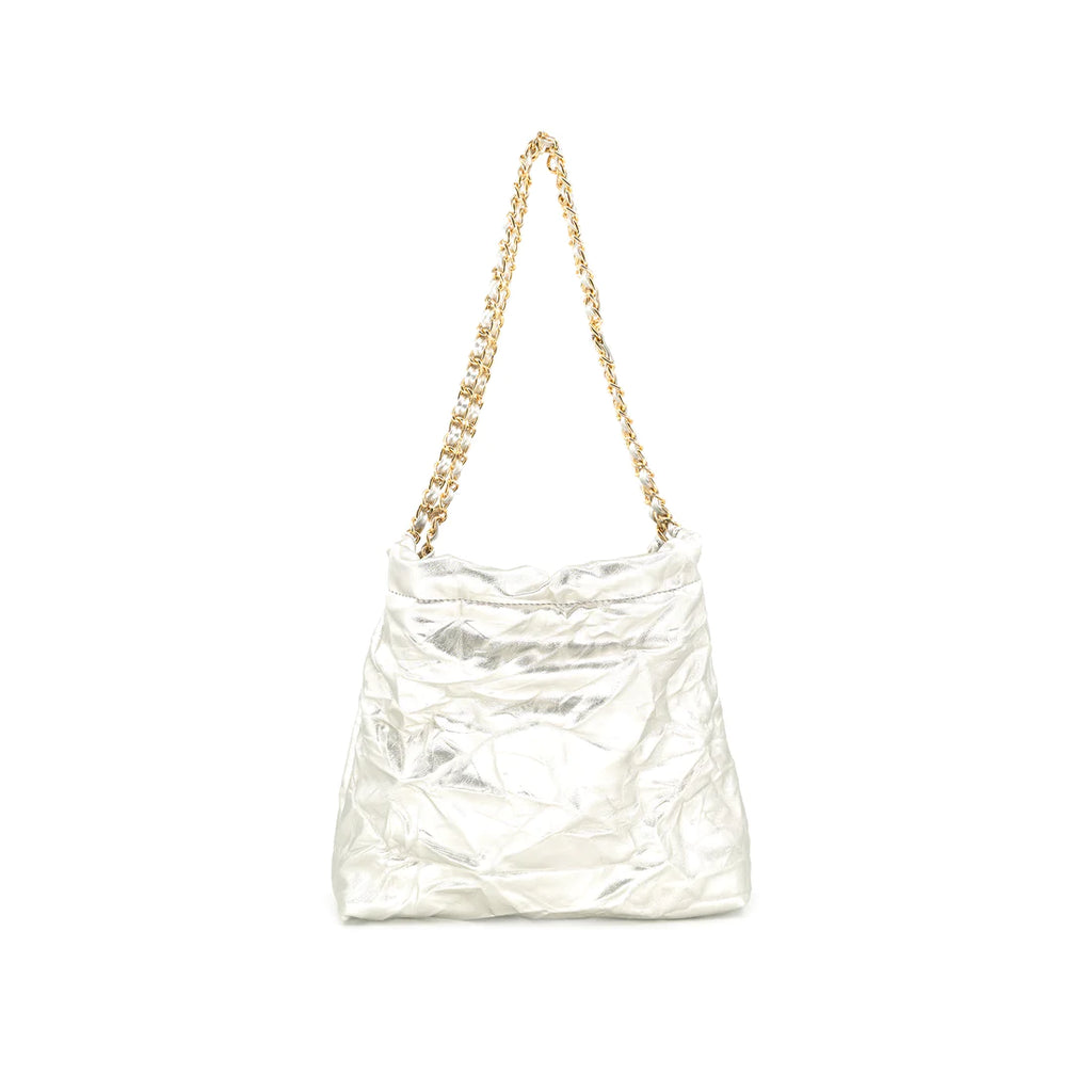 Crinkle Tote Bag White. This tote bag features a crinkle design with a chain strap and snap closure, the perfect cool update to your carry all everyday bag.