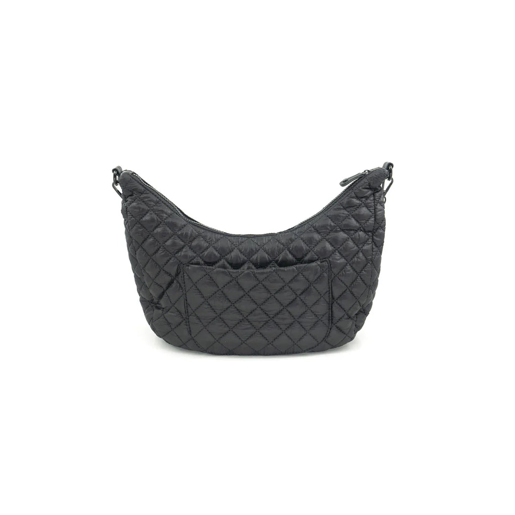 Quilted Shoulder Bag Black. This lightweight quilted nylon bag features a half moon shape with a zip close top and two removable straps that allow for it to be worn as a crossbody or shoulder bag.