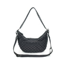 Quilted Shoulder Bag Black. This lightweight quilted nylon bag features a half moon shape with a zip close top and two removable straps that allow for it to be worn as a crossbody or shoulder bag.