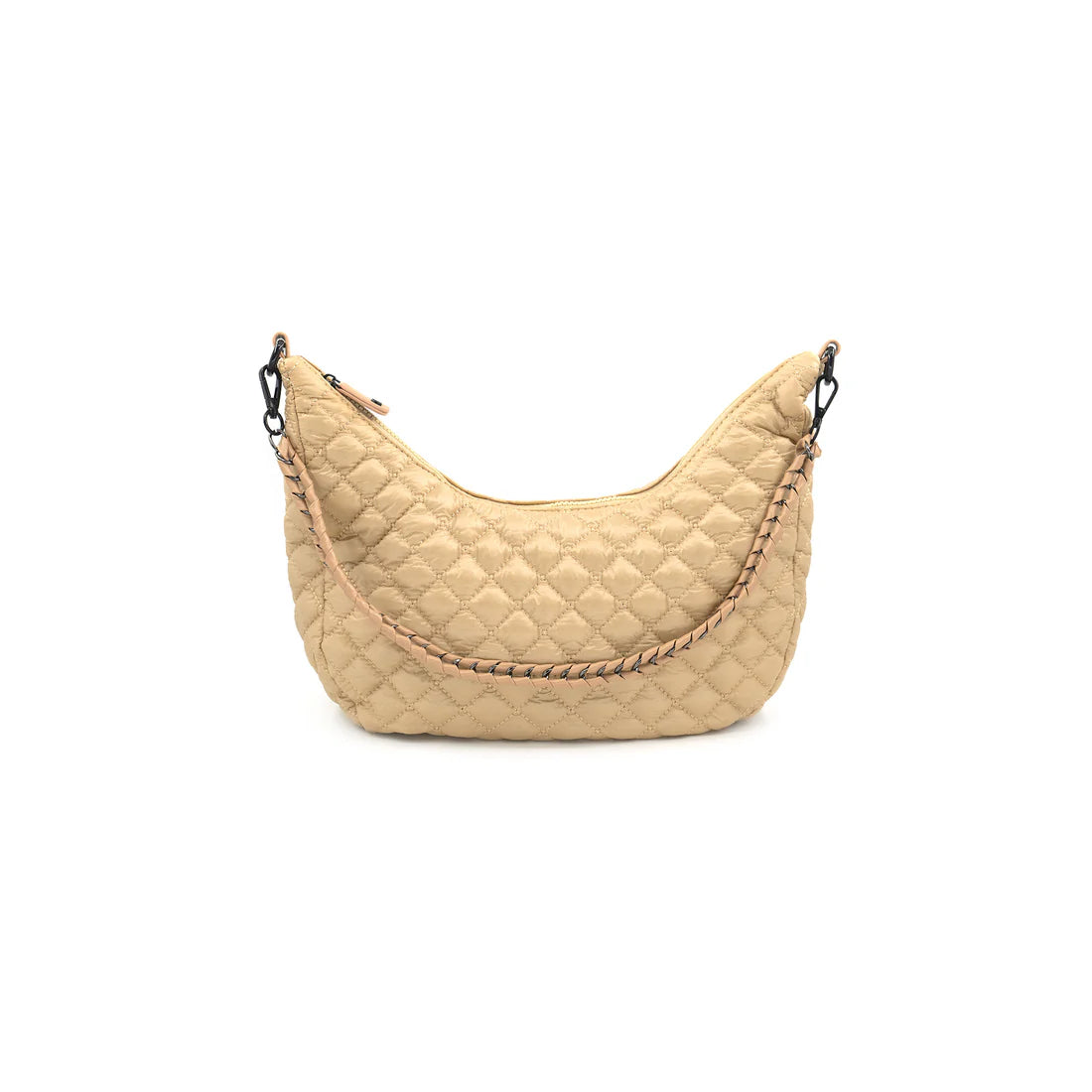 Quilted Shoulder Bag Gold. This lightweight quilted nylon bag features a half moon shape with a zip close top and two removable straps that allow for it to be worn as a crossbody or shoulder bag.