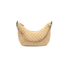 Quilted Shoulder Bag Gold. This lightweight quilted nylon bag features a half moon shape with a zip close top and two removable straps that allow for it to be worn as a crossbody or shoulder bag.