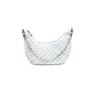 Quilted Shoulder Bag Silver. This lightweight quilted nylon bag features a half moon shape with a zip close top and two removable straps that allow for it to be worn as a crossbody or shoulder bag.