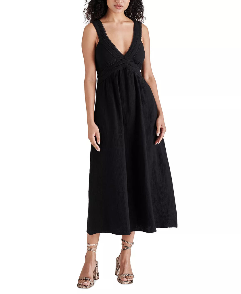 Steve Madden Taryn Dress Black. Made from lightweight double-face cotton gauze, this breezy midi dress features lattice trim at the bodice and handy hidden pockets at the sides.