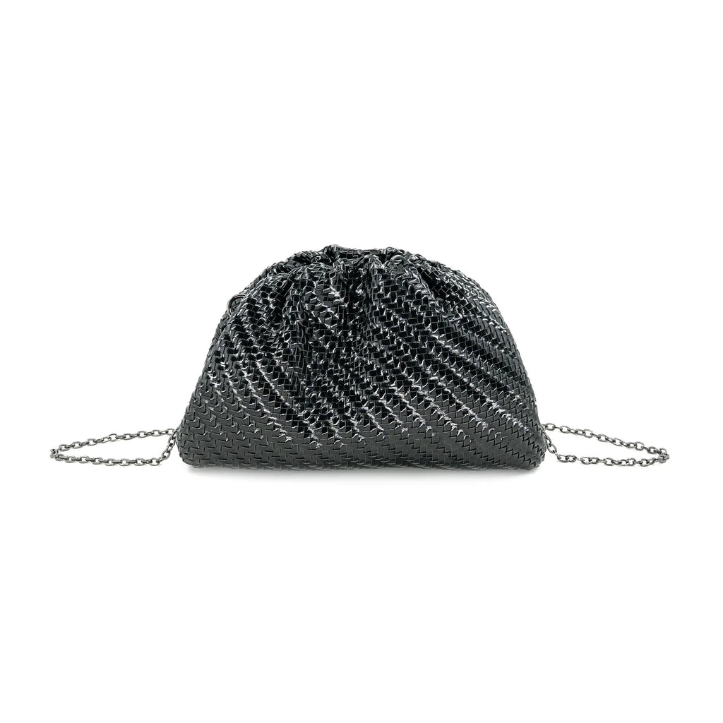 woven clutch evening bag with chain crossbody strap