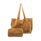 faux suede tote bag with studs and small pouch