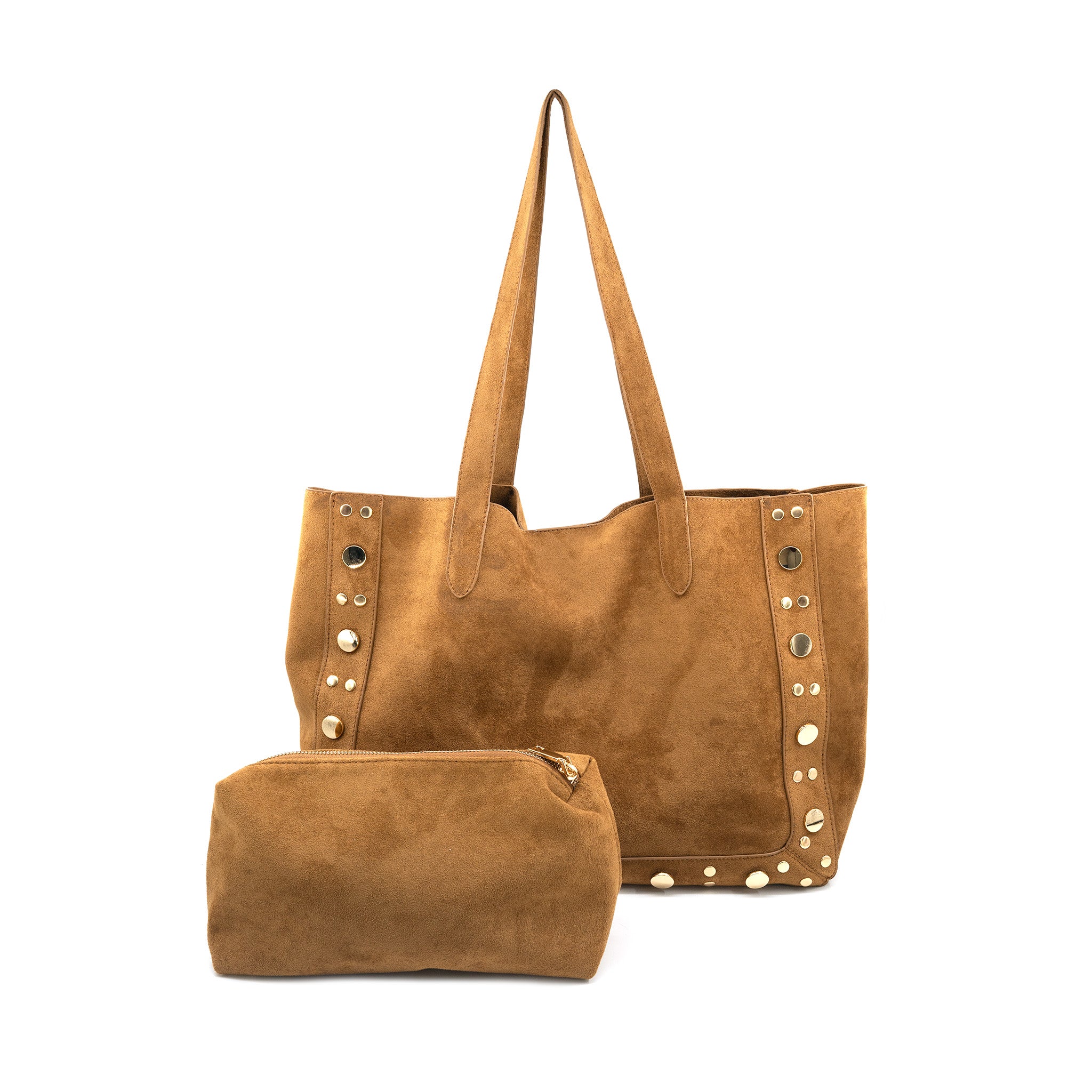 faux suede tote bag with studs and small pouch
