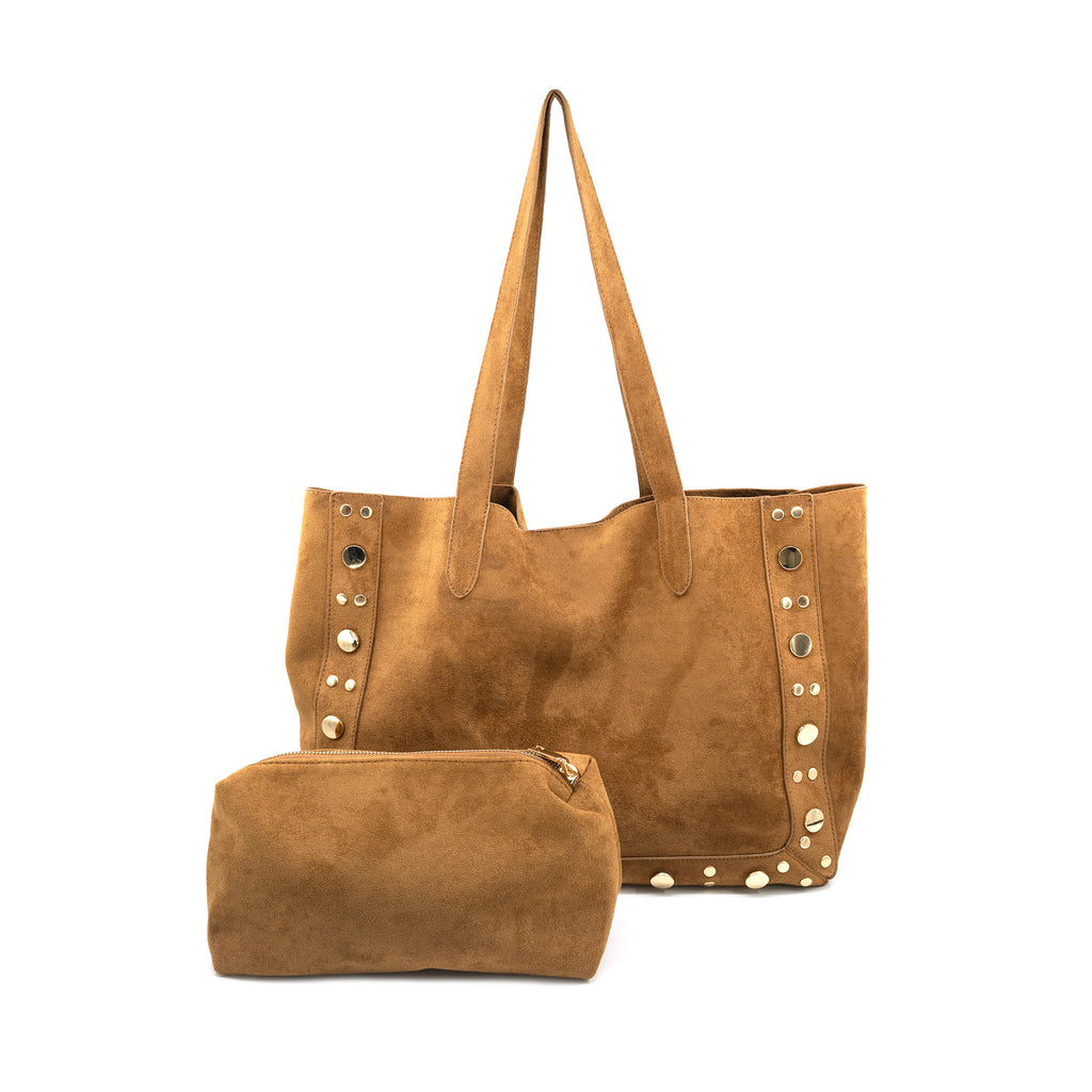 faux suede tote bag with studs and small pouch