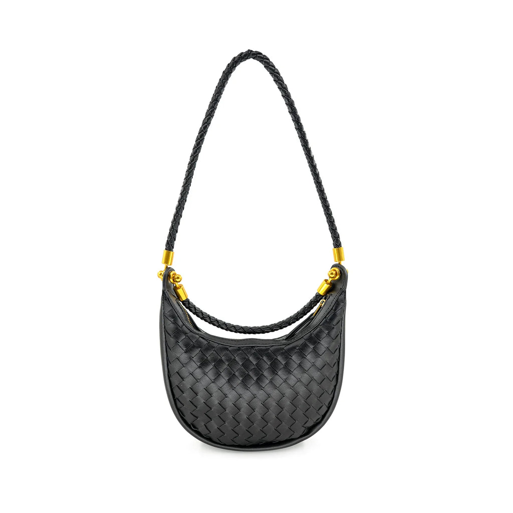 woven shoulder bag with gold hardware