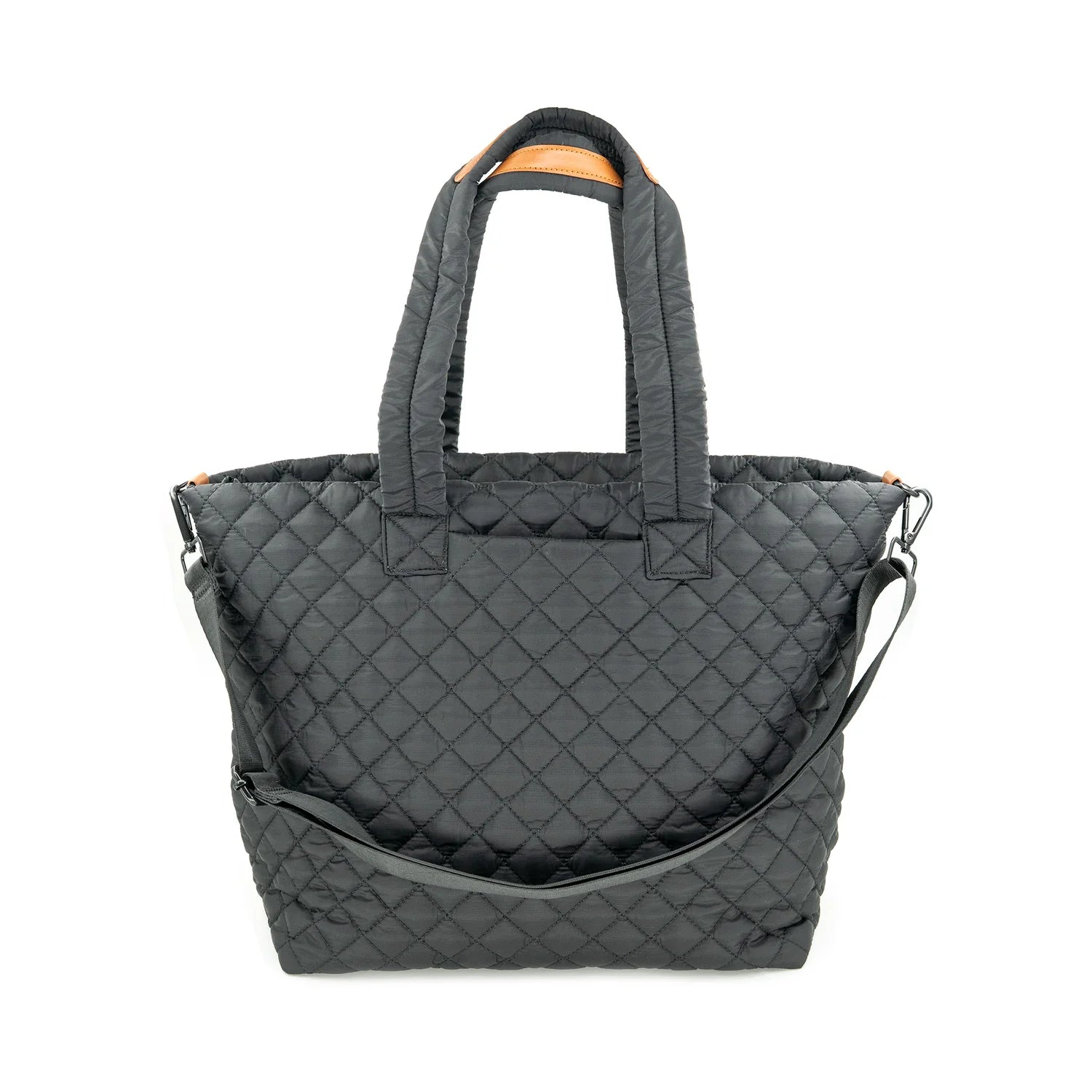 black quilted tote bag, nylon travel bag for women, lightweight work tote, quilted shoulder bag, black crossbody tote, everyday carryall bag