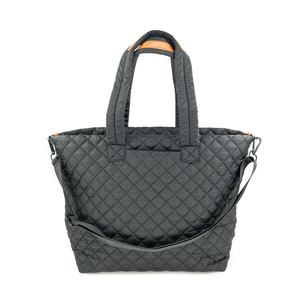 black quilted tote bag, nylon travel bag for women, lightweight work tote, quilted shoulder bag, black crossbody tote, everyday carryall bag