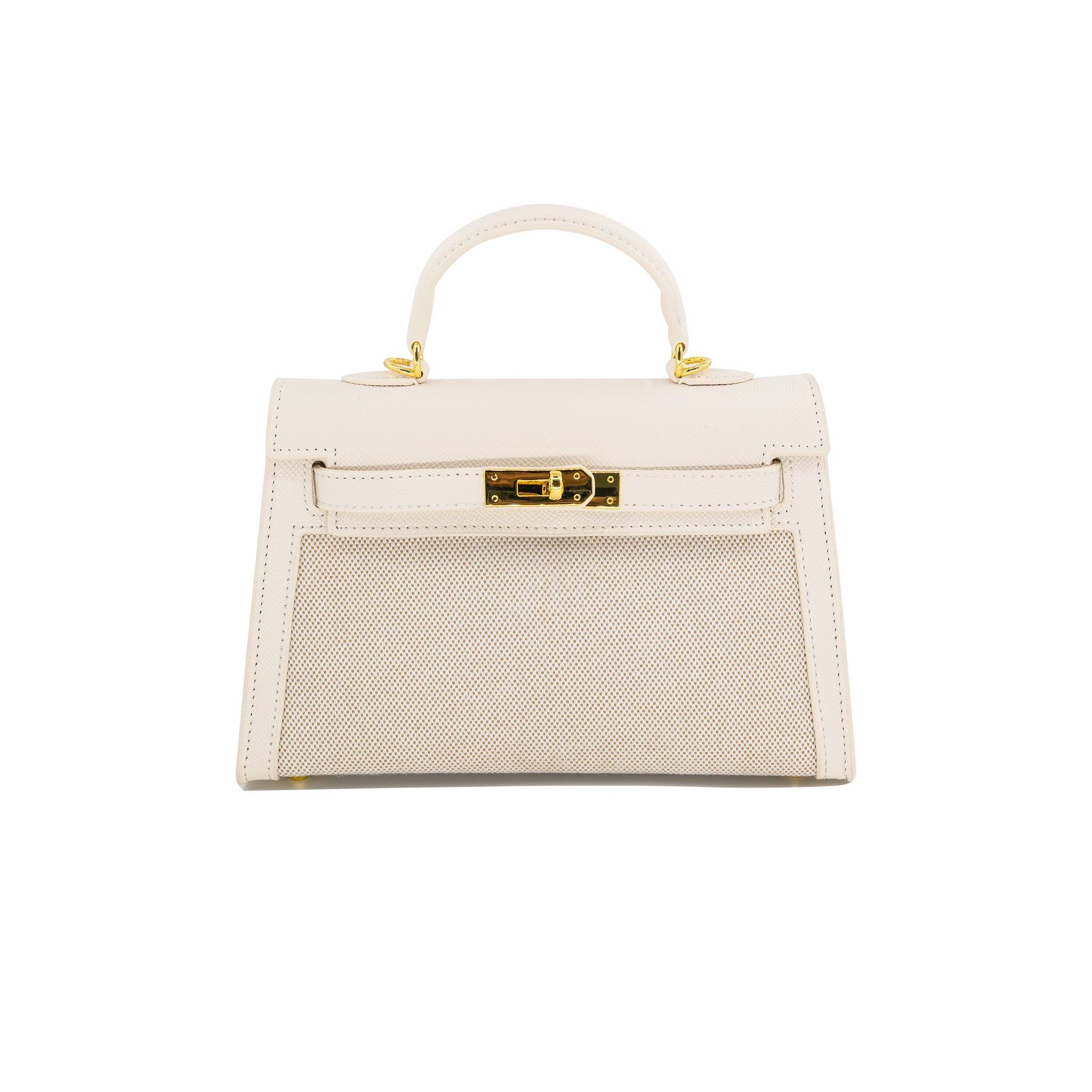 Structured top handle handbag with a turn-lock closure and sleek silhouette, featuring refined hardware details
