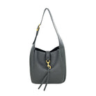 A black pebbled leather shoulder bag with a gold-tone horsebit hardware clasp and a matching leather tassel, shown against a plain white background.