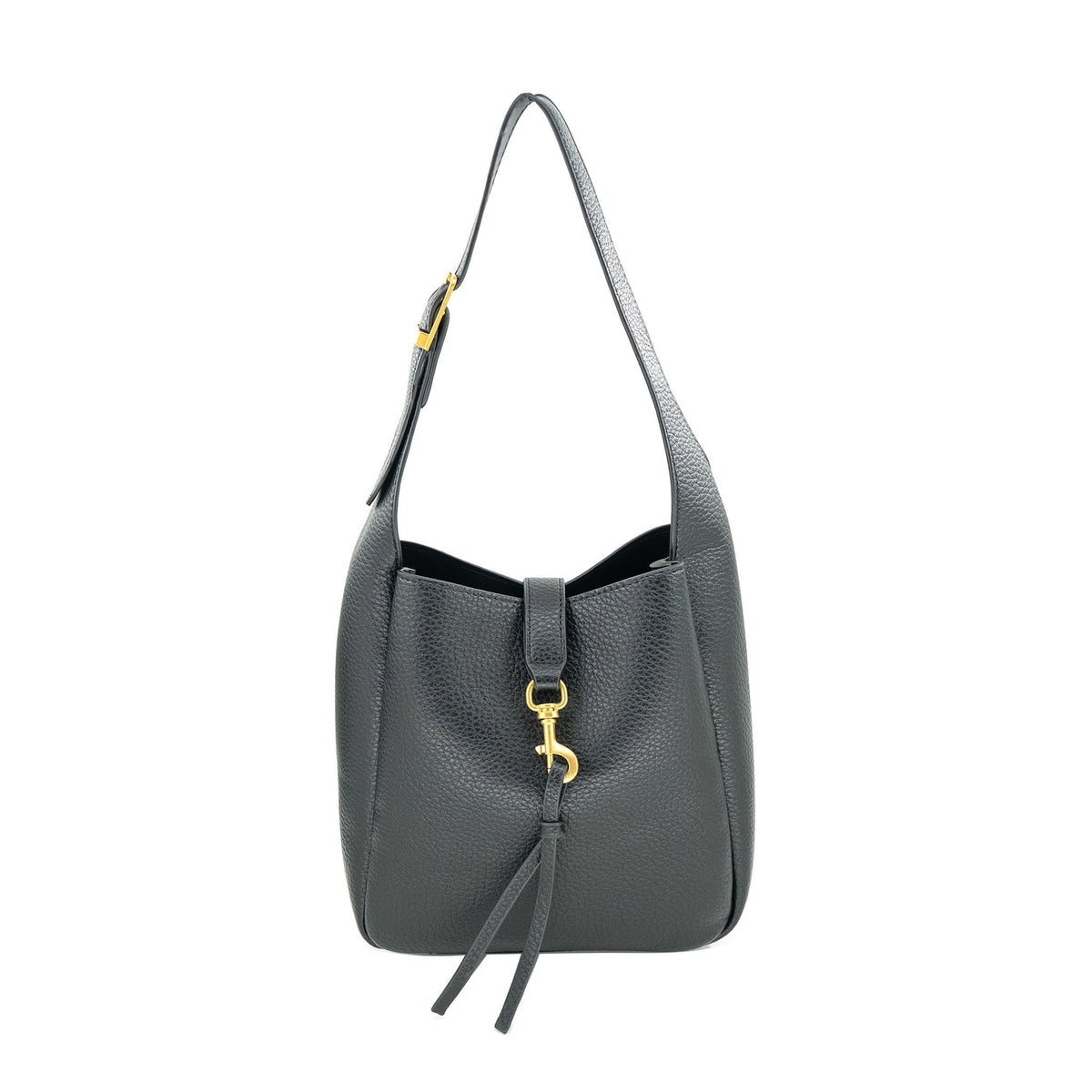 A black pebbled leather shoulder bag with a gold-tone horsebit hardware clasp and a matching leather tassel, shown against a plain white background.