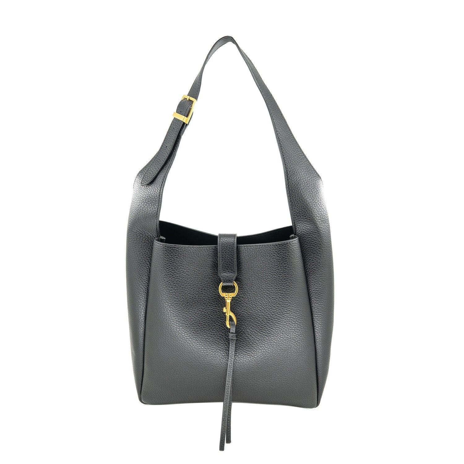 A black pebbled leather shoulder bag with gold-tone hardware, featuring a front strap closure with a tassel and a top handle, shown against a plain white background.