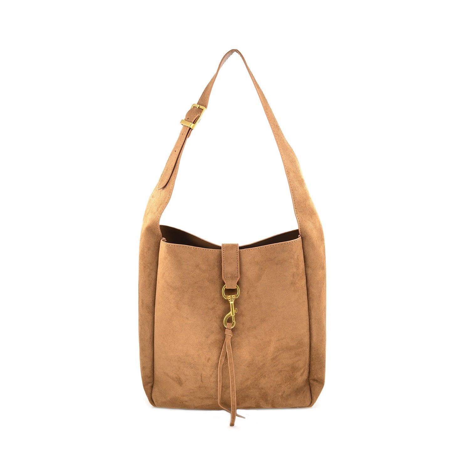 A tan suede shoulder bag with a single adjustable strap, a front strap closure, and a gold-tone metal snap hook and tassel detail, shown against a plain white background.