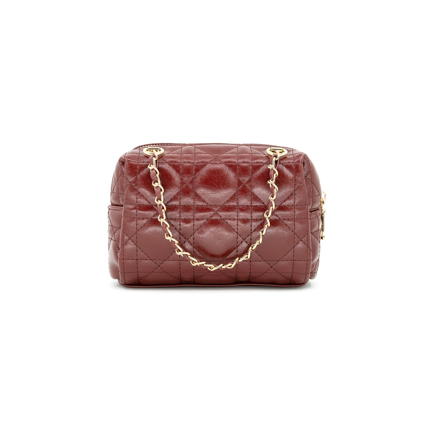 A quilted burgundy leather handbag with a gold-tone chain strap, shown against a plain white background.