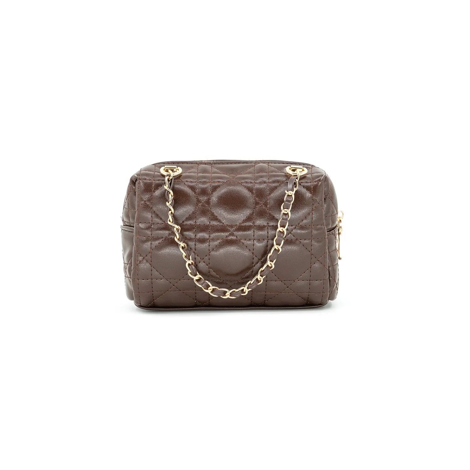 A brown quilted leather handbag with a gold-tone chain strap, shown against a plain white background.