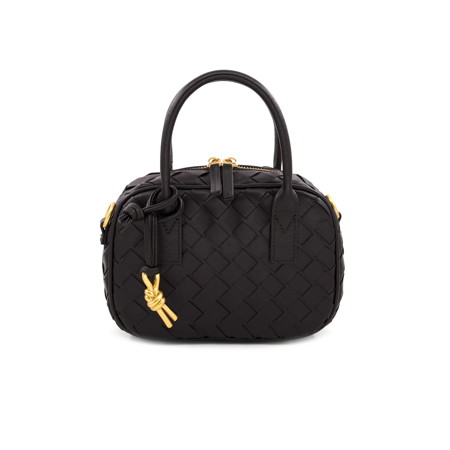  Compact woven handbag with top handles, gold-tone hardware, and a detachable adjustable shoulder strap.