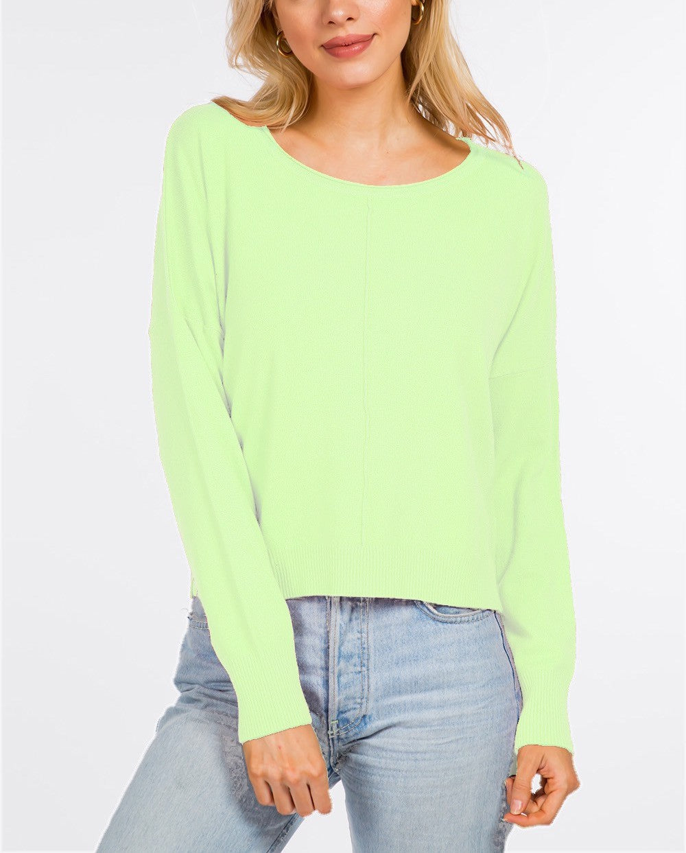 Eliza Front Seam Pullover Honeydew. This round neck pullover features a front seam and fitted design, the perfect lightweight everyday sweater to have in your closet for any time of year.