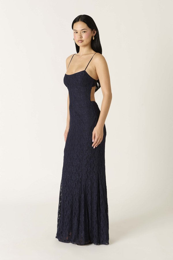 Beautiful Chaos Off Lace Maxi Dress in Navy, side view