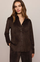Z Supply Maren Suede Shirt in Dark Roast, front three-quarter view