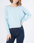 Eliza Front Seam Pullover Light Blue. This round neck pullover features a front seam and fitted design, the perfect lightweight everyday sweater to have in your closet for any time of year.