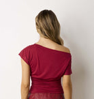 Moonbeam Cinched Waist Short Sleeve Top in Wine, back view