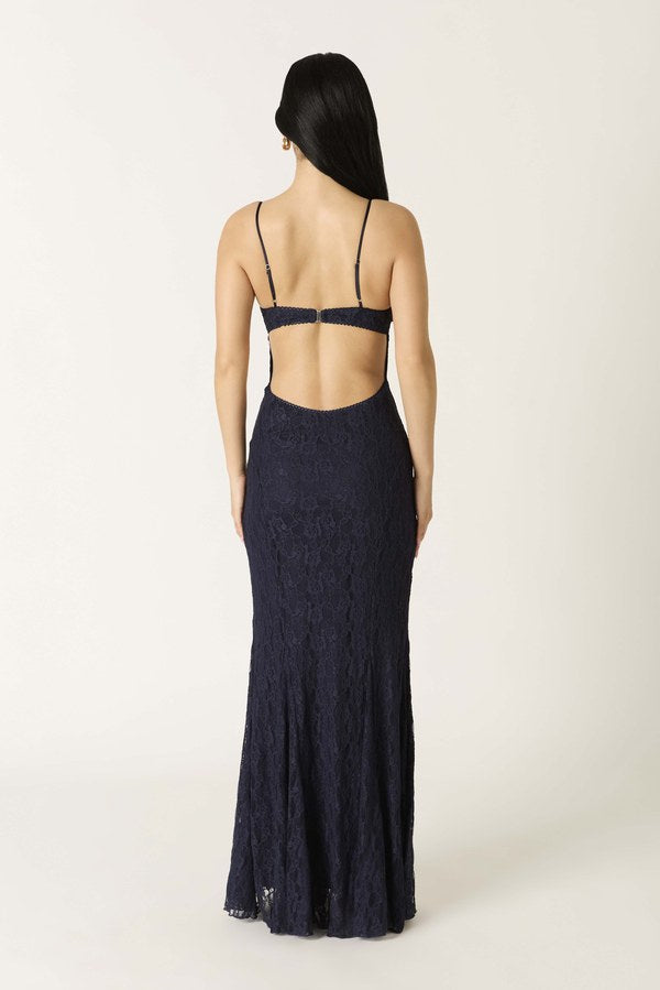 Beautiful Chaos Off Lace Maxi Dress in Navy, back view