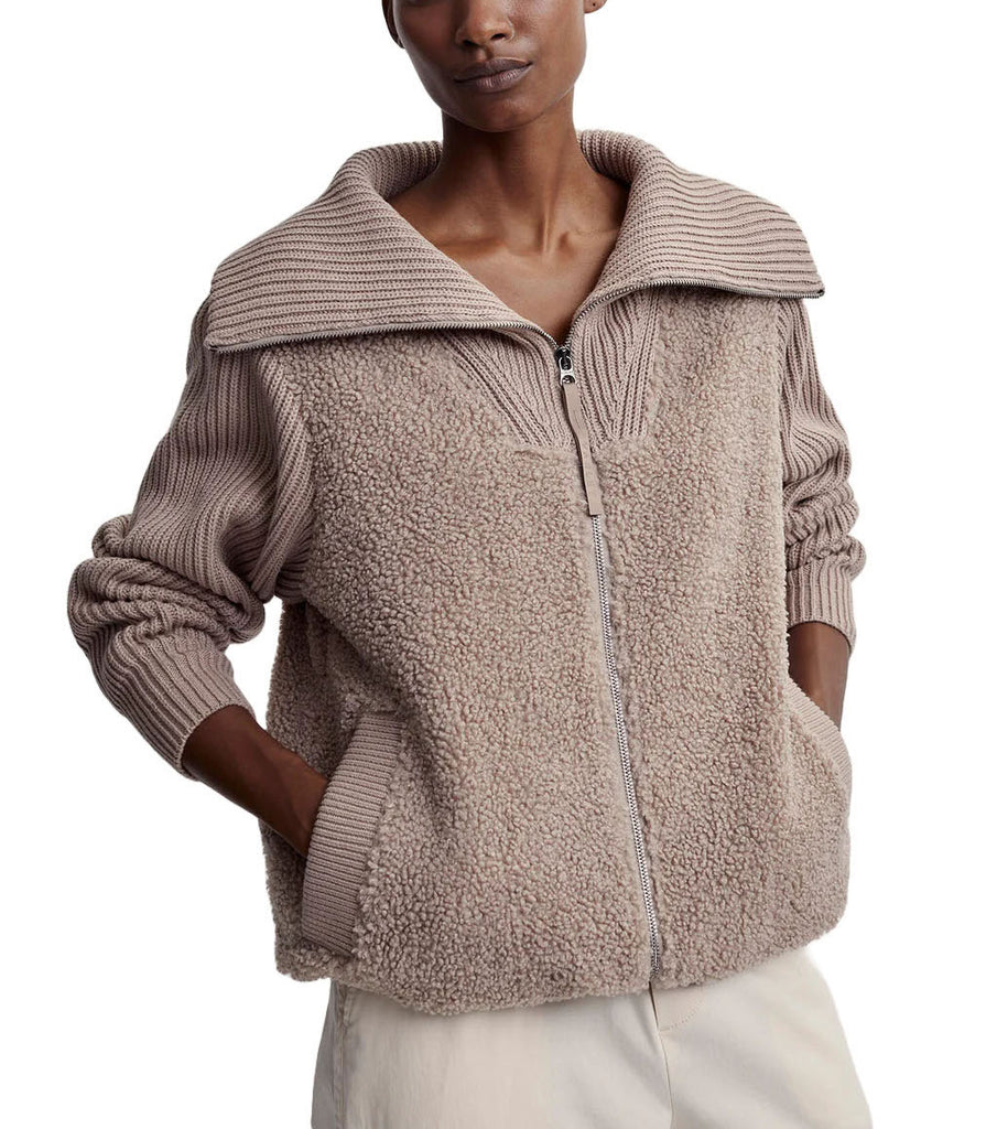Varley Ardley Zip Through Etherea. Chunky cotton knit and boucle sherpa combine to create the Ardley, a super soft oversized layer, the perfect piece for your fall wardrobe.