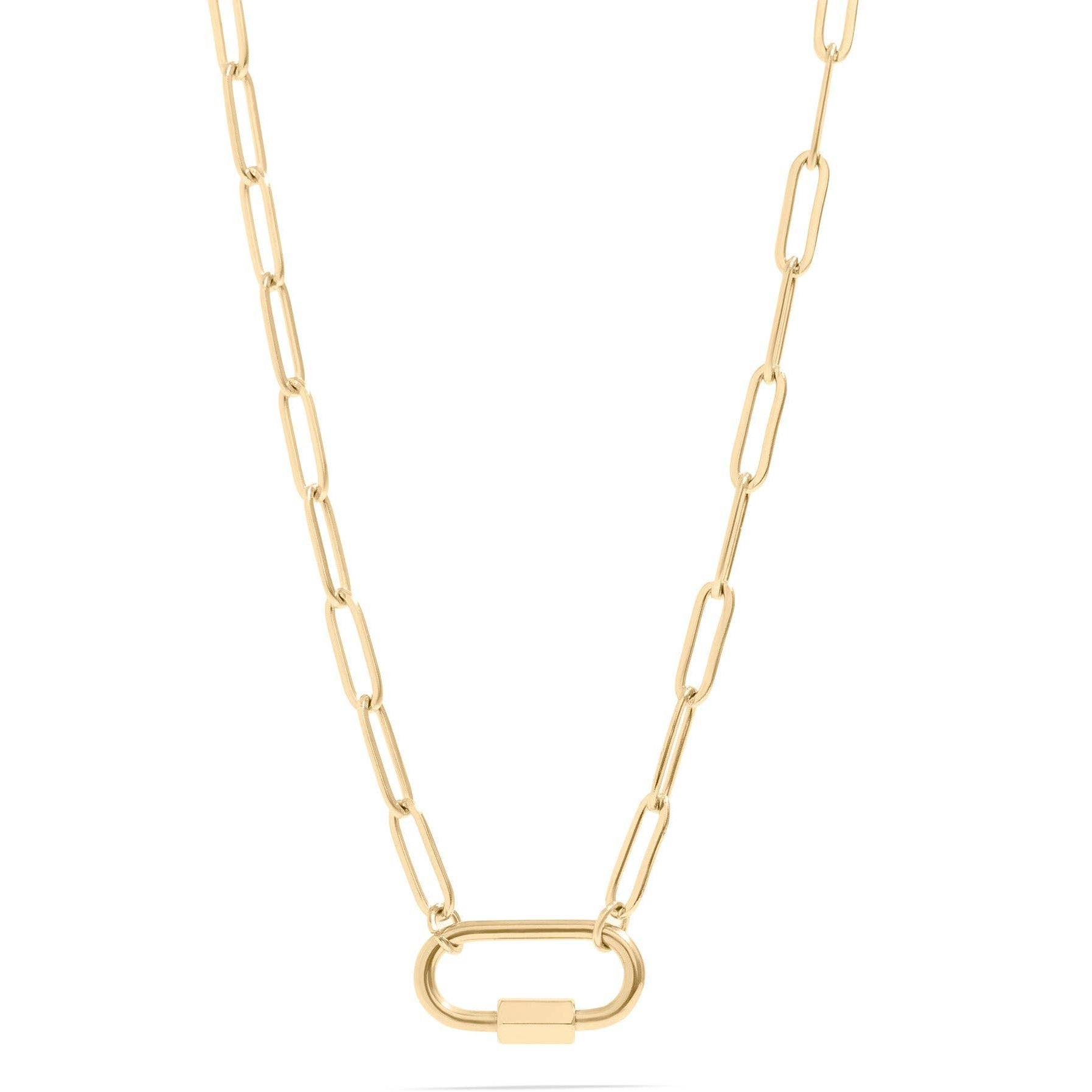  link chain necklace with oversized clasp detail at the center.